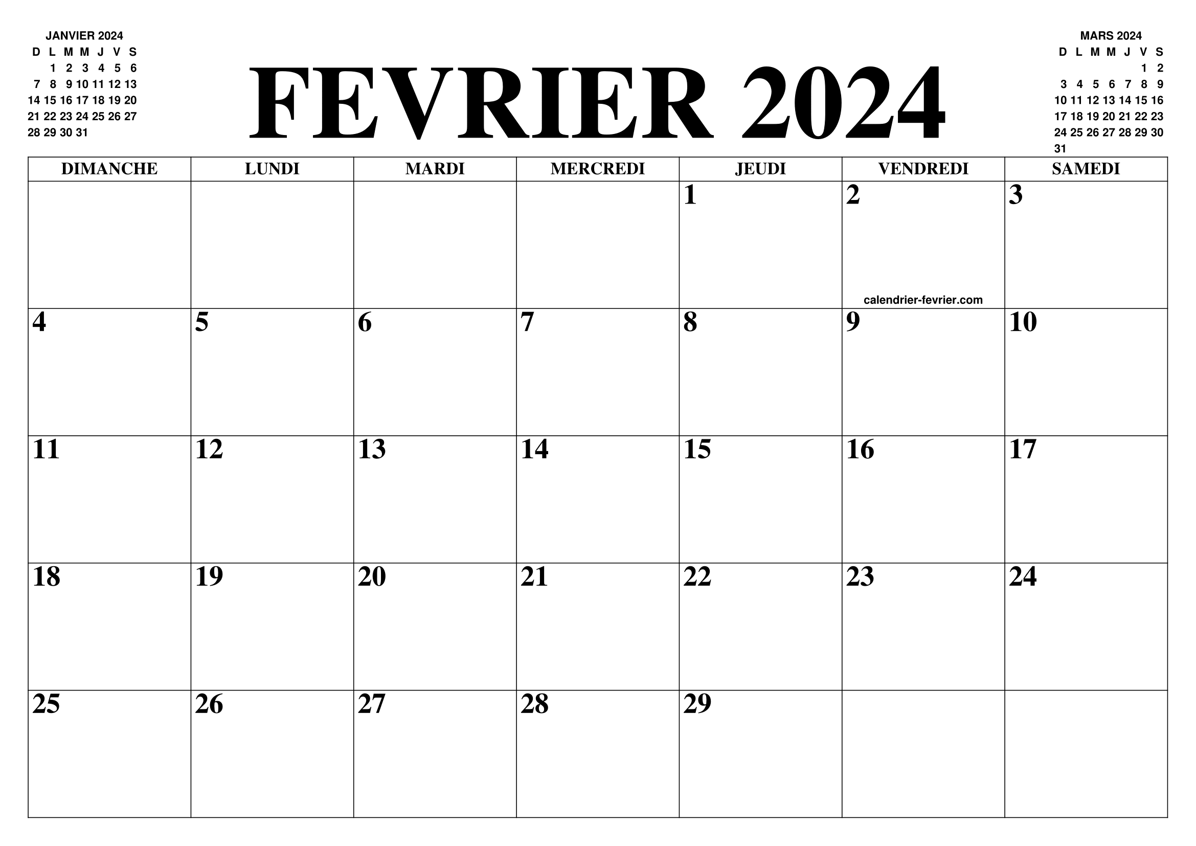 calendrier février 2024